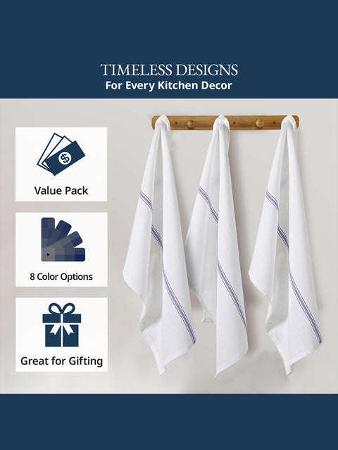 Three white kitchen towels with blue stripes hanging on a wooden rack against a white background and features as value for money product, 8 Color Options Available, great for gifting