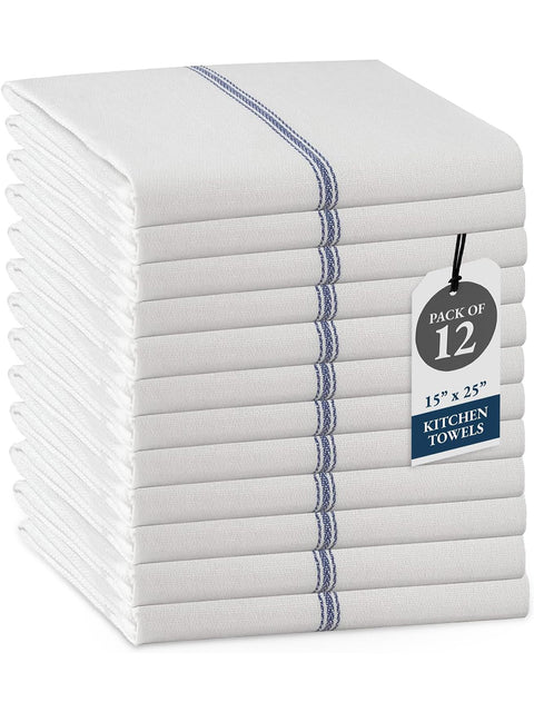 Displaying white kitchen towels with a blue stripe and a tag indicating 'Pack of 12' on a white background.