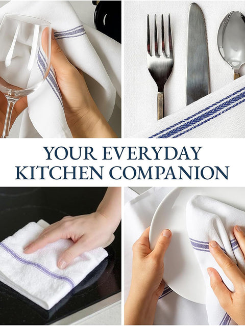 Collage of hands using a white color towel with blue stripes for table including a fork, knife, and plate.
