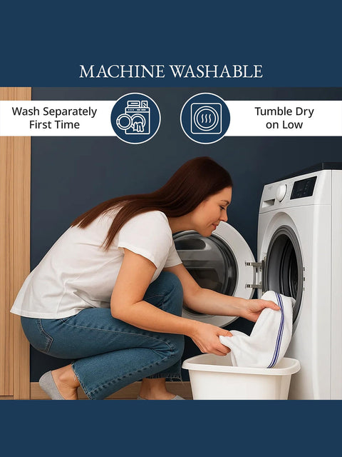 Woman loading a white kitchen cloth into a washing machine with text on machine washability & tumble dry 