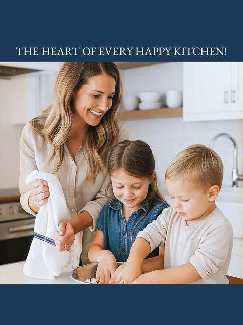 A Woman holding white color stripe kitchen towel and two children in a kitchen with text 'The Heart of Every Happy Kitchen!'