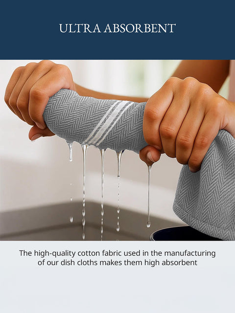 Person holding a gray dish cloth with water dripping, emphasizing absorbency.