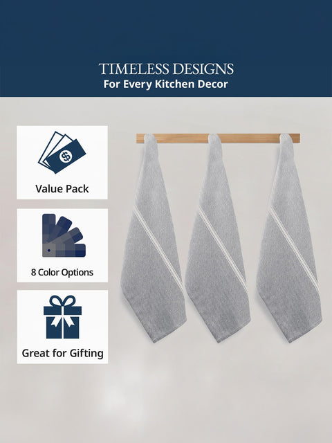 Three gray Color kitchen towels with white trim hanging on a wooden rack on a light gray background. Value For Money Pack, 8 Color Options Available, Great For Gifting 