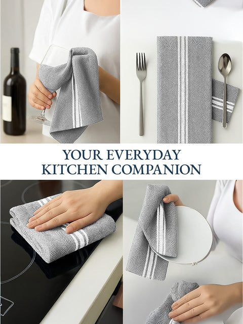 Gray kitchen towel with white stripes used for cleaning on a stove, table, and plate.