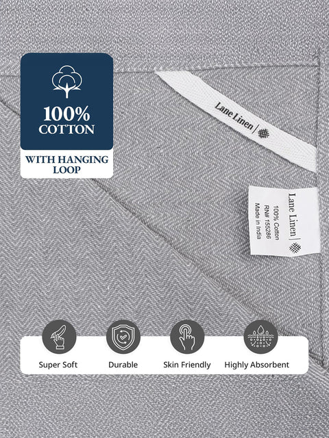 Gray Color cloth with 'Lane Linen' labels and product features on a gray background i.e super soft, durable, skin friendly, highly absorbent