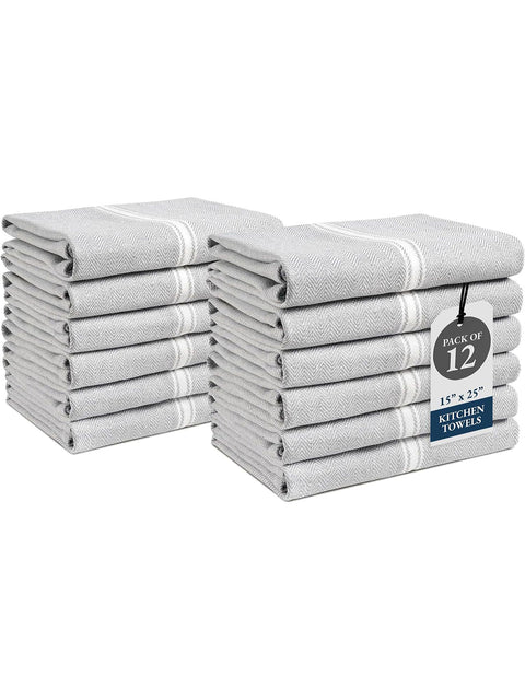  Gray Color kitchen towels with a label indicating a pack of 12 on a white background