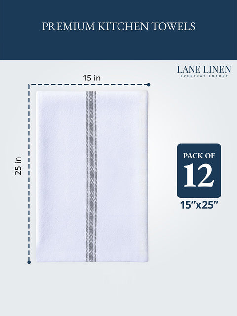 White Premium kitchen towel with gray stripe, dimensions, and Lane Linen branding.