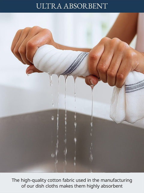 Person holding a white dish cloth with water dripping from it, against a blurred background, the high quality cotton fabric used in the manufacturing of our dish cloths makes them highly absorbent