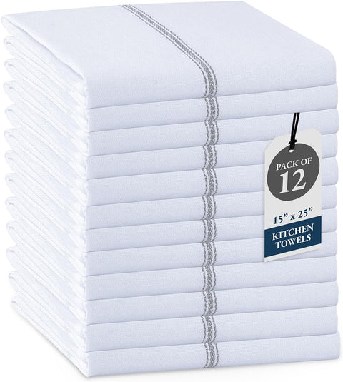 Displayed white kitchen in grey stripe towels with a label indicating a pack of 12 on a white background