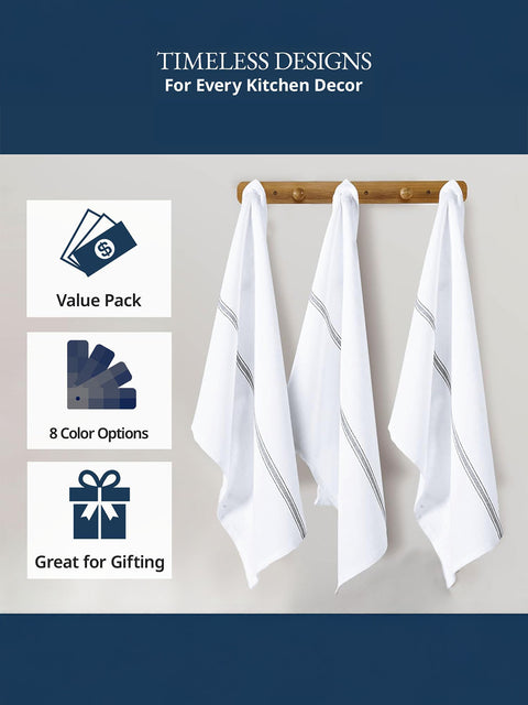 Three white kitchen towels with grey stripe hanging on a wooden rack with promotional text about design, color options, and gifting.