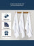 Three white kitchen towels with grey stripe hanging on a wooden rack with promotional text about design, color options, and gifting.