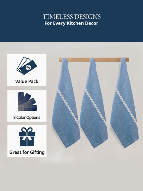 Three Indigo Color kitchen towels with white stripes Hanging on a wooden rack against on a Light gray background, with text about product features, i.e value For Money Pack, Color Variation Available, Great For Gifting Product