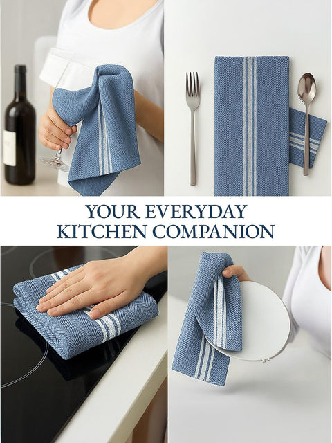 Collage of Indigo Color With White Striped kitchen towels being used on a stove, table, and other surfaces with text 'Your Everyday Kitchen Companion'.