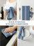 Collage of Indigo Color With White Striped kitchen towels being used on a stove, table, and other surfaces with text 'Your Everyday Kitchen Companion'.
