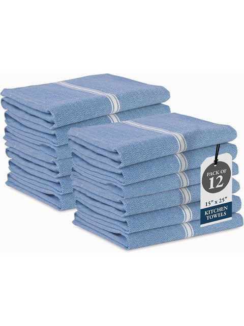 Stack of blue kitchen towels with a tag indicating a pack of 12 on a white background