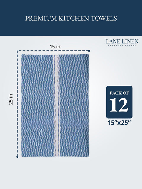 Indigo Color Premium kitchen towel with measurements and Dimensions  Lane Linen branding on a white backgroud