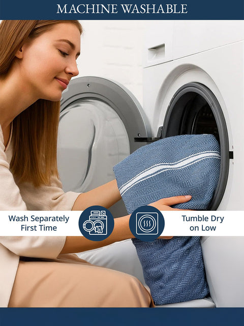 Woman holding a blue towel next to a washing machine with text of Cloth Washability and tumble instructions