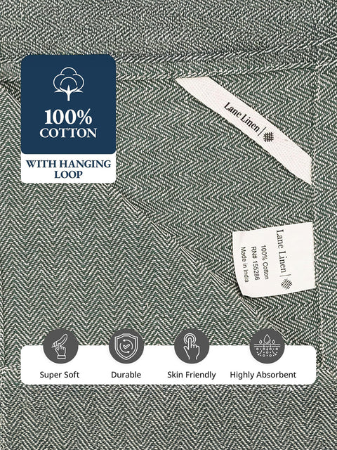 Olive Color Textile with labels indicating 100% cotton, hanging loop, and product features.