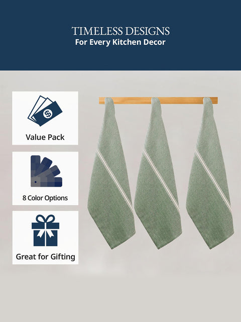 Olive Color kitchen towels with white stripes on a wooden rack against a gray background, with text about product features i.e value for money, 8 color options available
