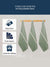 Olive Color kitchen towels with white stripes on a wooden rack against a gray background, with text about product features i.e value for money, 8 color options available