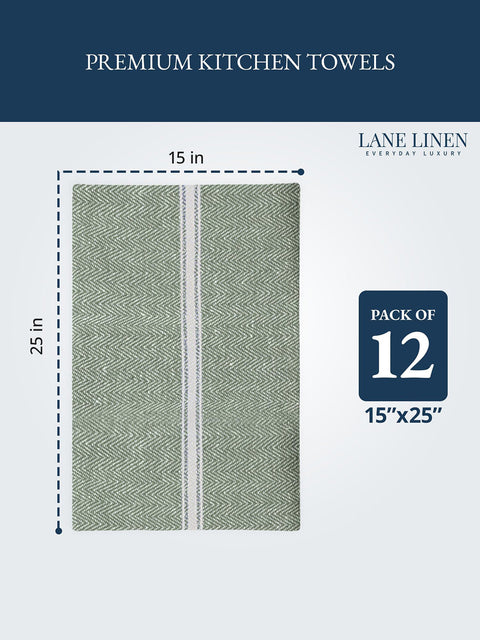 Olive Color Premium kitchen towel with white stripe, dimensions, and Lane Linen branding on a white background.