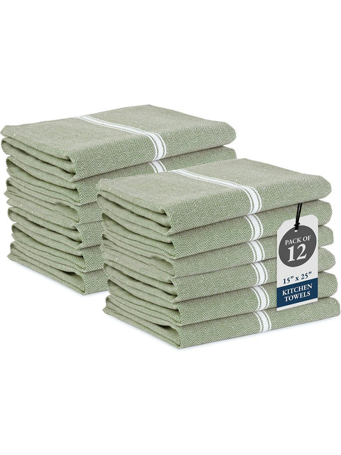 Olive Color kitchen towels with a label indicating 12 towels per pack on a white background.