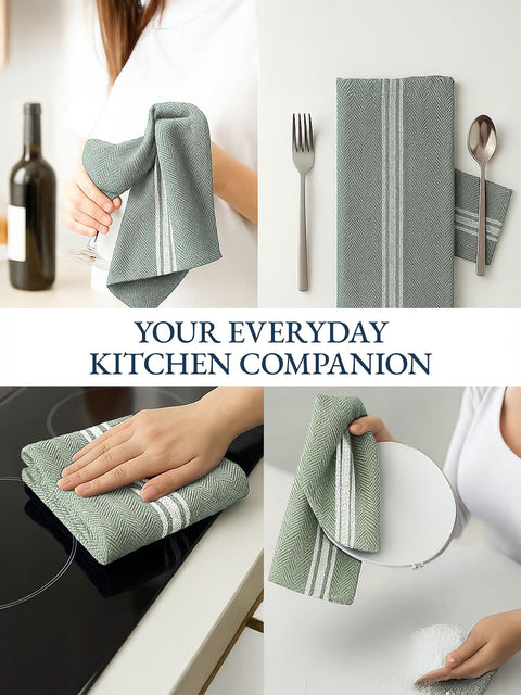 Olive Color, striped kitchen towel being used in various kitchen scenarios with text 'Your Everyday Kitchen Companion'.