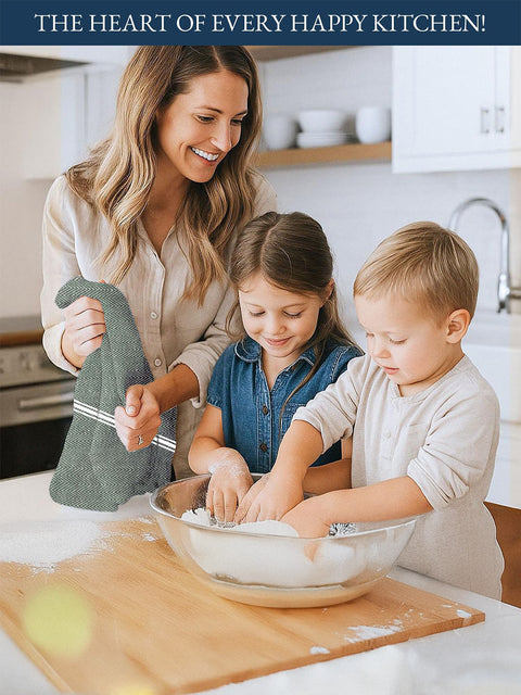 A Woman and two children in a kitchen mixing ingredients in a bowl.