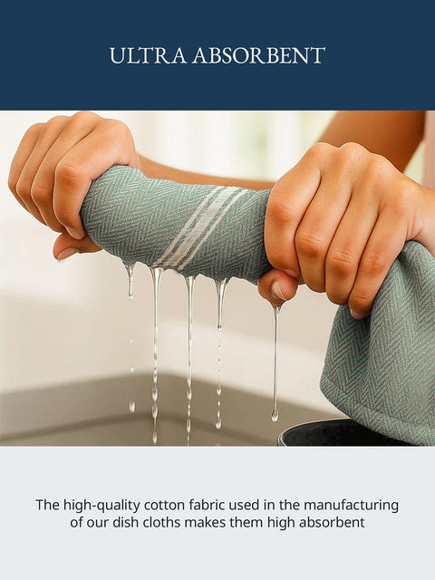 Person holding a dishcloth with water dripping from it, emphasizing its absorbent quality Of Lane Linen