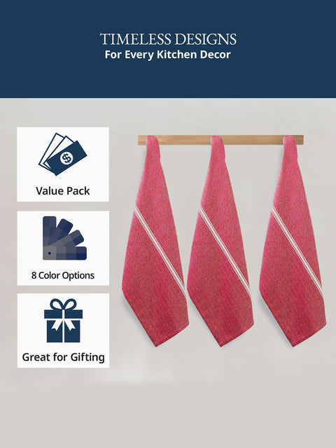 Three red kitchen towels with white stripes Hanging on a wooden rack against a gray background, with text and icons indicating product features.