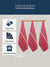 Three red kitchen towels with white stripes Hanging on a wooden rack against a gray background, with text and icons indicating product features.