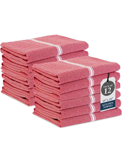 Red Color kitchen towels with a tag indicating a pack of 12 on a white background