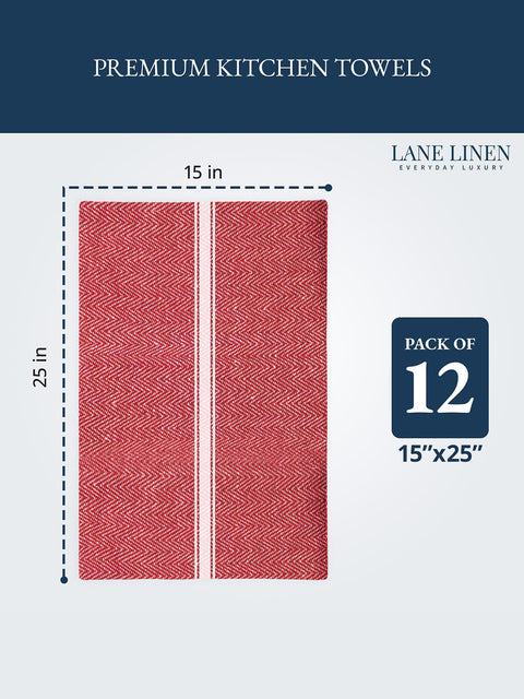 Red kitchen towel with measurements and Dimensions Lane Linen branding on a white background