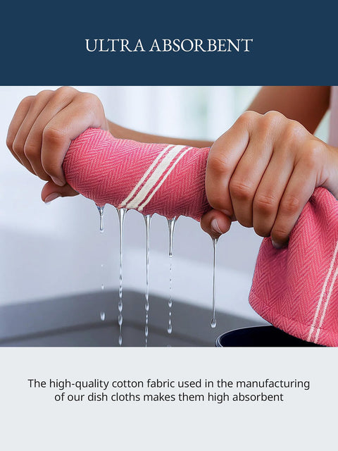 Person holding a Red dishcloth with water dripping, emphasizing absorbency, The High Quality Cotton Fabric Used in The Manfacturing Of Our Dish Cloths Makes Them high absorbent