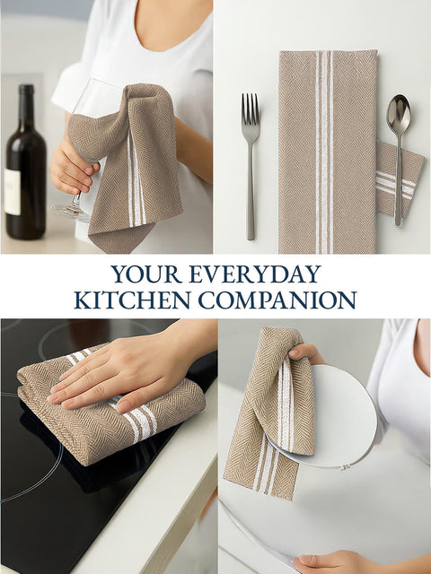Beige Color Kitchen Towel displayed in a kitchen with its usuage with Collage of kitchen towels being used with text 'Your Everyday Kitchen Companion'.