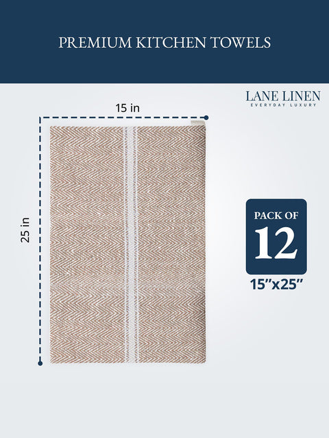 Beige Color Premium kitchen towel with dimensions of towel and pack information on a white background with Lane Linen Brand Tag on the Right Top