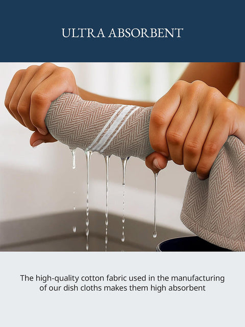 Person holding Beige Color Kitchen cloth with water dripping, emphasizing its absorbent quality. The Lane Linen High Quality Cotton Fabric Used in the Manufacturing Of The Dish Cloths Makes Them High Absorbent 