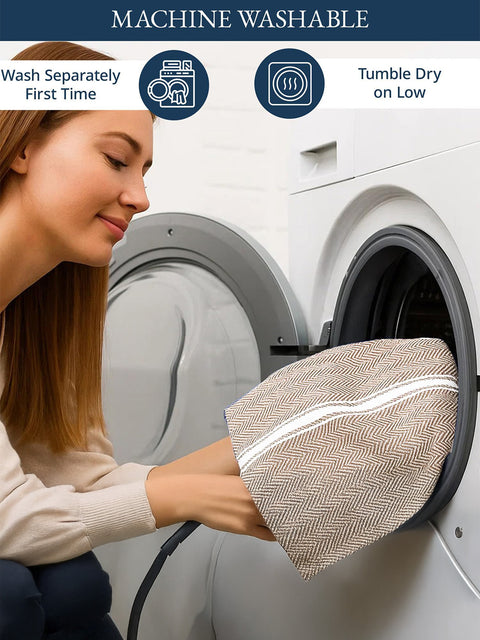 Woman placing a textured fabric Beige Color Cloth into a washing machine with washing instructions displayed above on top