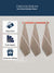 Three beige color kitchen towels with white stripes hanging on a towel rack on a light gray background, with text and icons displaying product features i.e value pack kitchen towels, color options also available for beige color hand towels, gift products