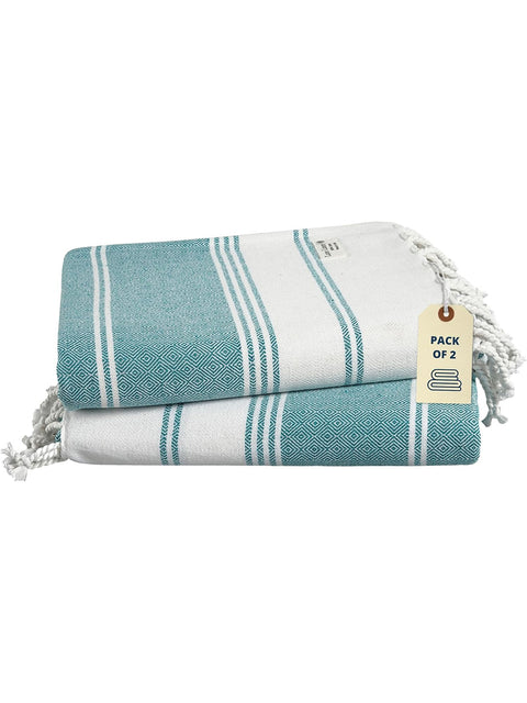 Pack of two Baltic and white Color striped towels with a tag on a white background