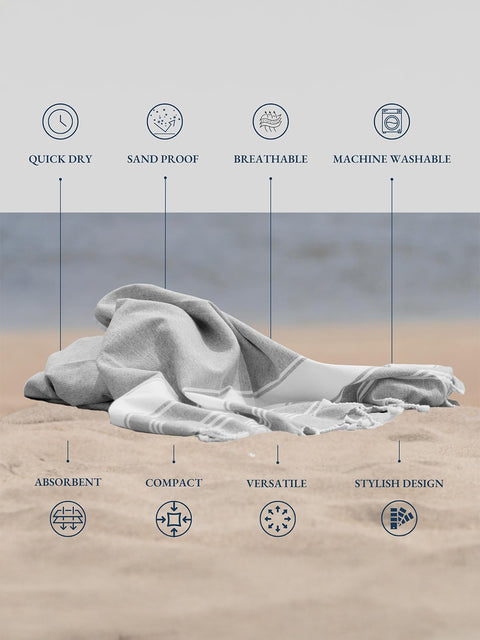 Gray towel on sand with text highlighting features like quick dry, sand proof, breathable, machine washable, absorbent, compact, versatile, and stylish design.