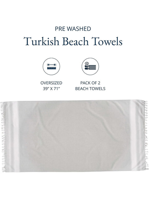 Turkish beach towel packaging with text and a sample towel on a white background