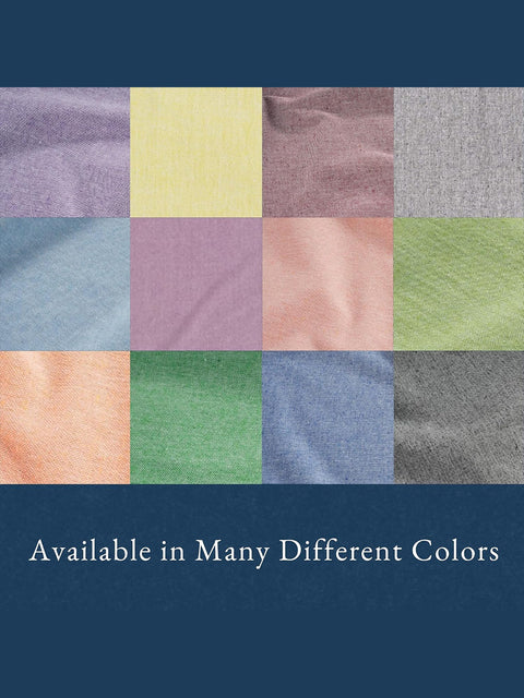 Grid of fabric swatches in various colors with text 'Available in Many Different Colors' on a blue background.