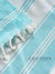 Close-up of a aqua and white striped towel with featuring of 'Lane Linen' branding.