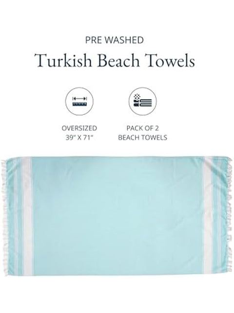 Turkish beach towel with text indicating size and quantity on a white background and pack of 2 Beach Towels