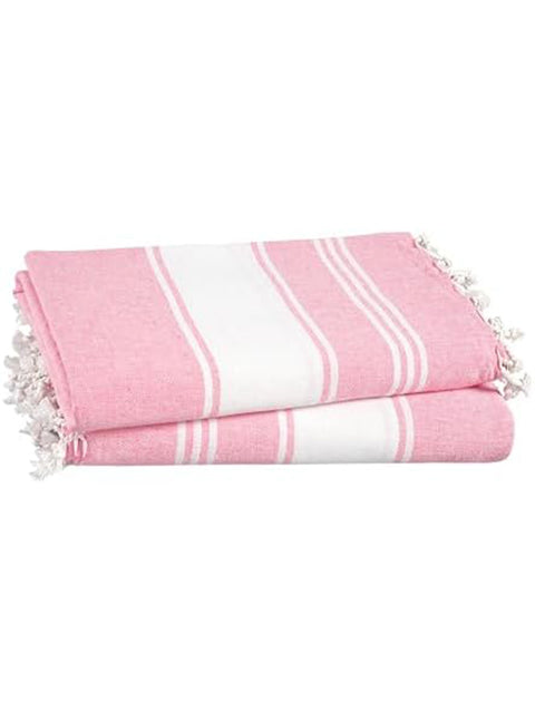 Pink towel with white stripes and tassels on a white background