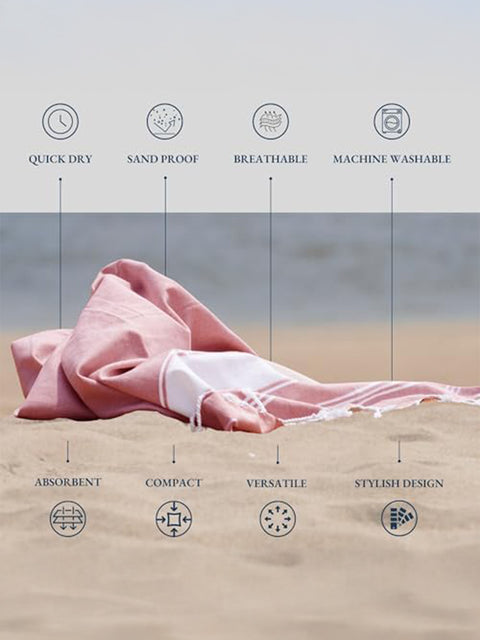 Folded pink towel on sand with text highlighting features like quick dry towels, sand proof, breathable, machine washable, absorbent, compact, versatile, stylish design