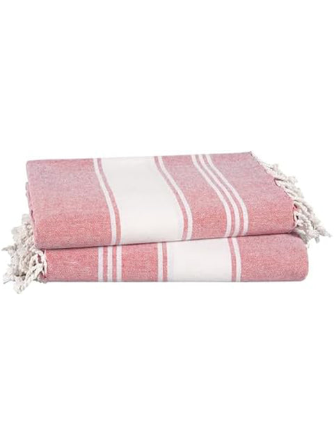Two pink and white striped towels with tassels on a white background