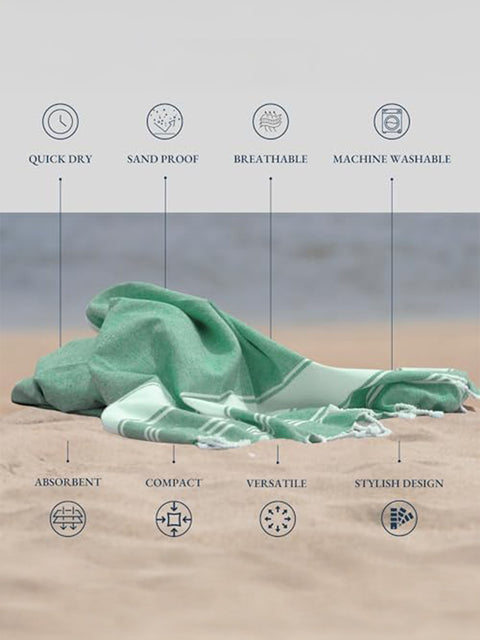 Green towel on sand with features listed such as quick dry, sand proof, breathable, machine washable, absorbent, compact, versatile,stylish design
