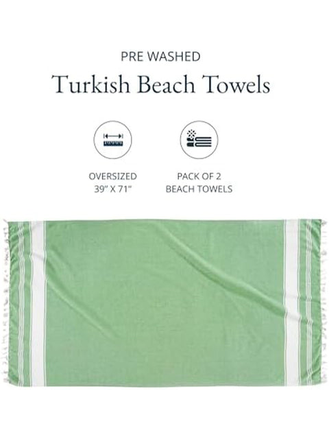Green Turkish beach towel with packaging details on a white background